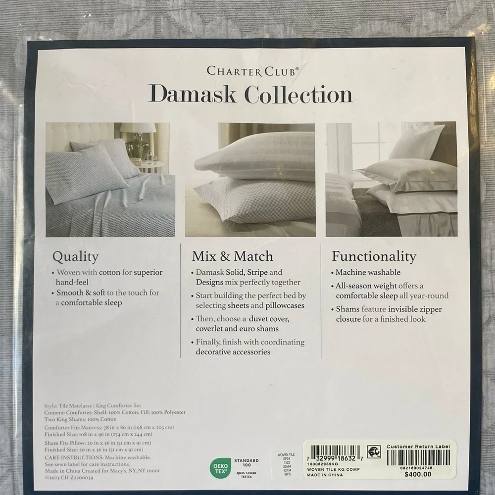 Charter Club Demask Designs Woven Tile Woven Tile 3 Piece King Comforter Set.